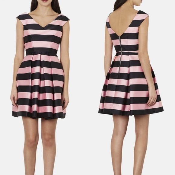 TOPSHOP Fit & Flare Dress Pink & Black Striped - Picture 2 of 12